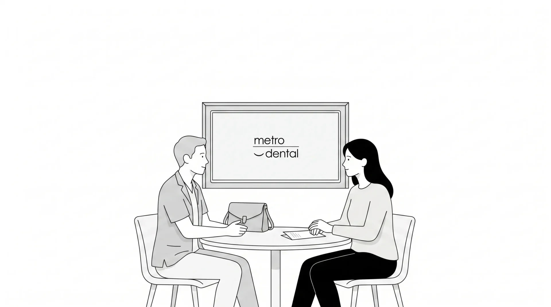 An adult patient and dentist review dental appointment details at a small table in a calm Melbourne CBD clinic.