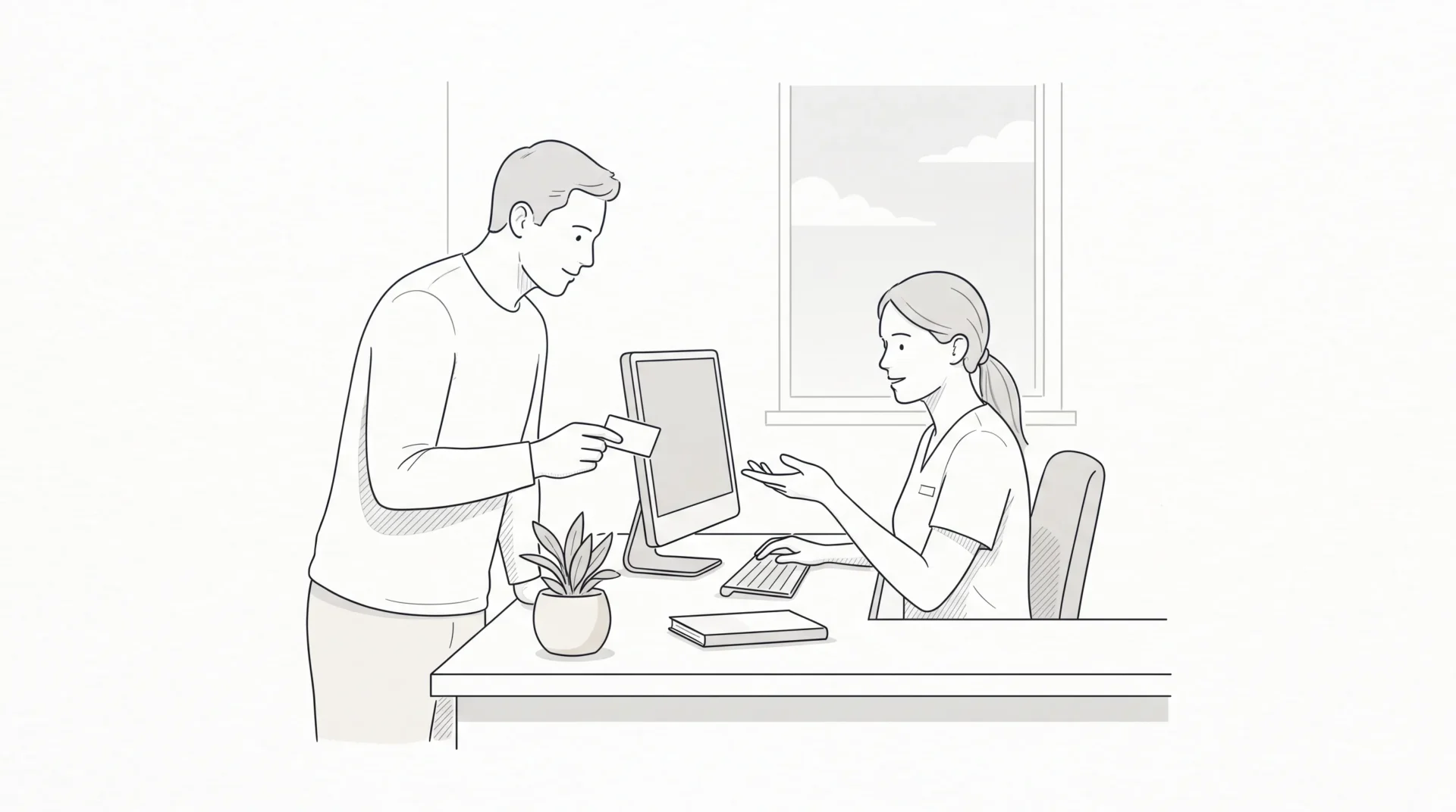 An adult patient discusses a private health insurance card with a dental receptionist beside a simple clinic desk.