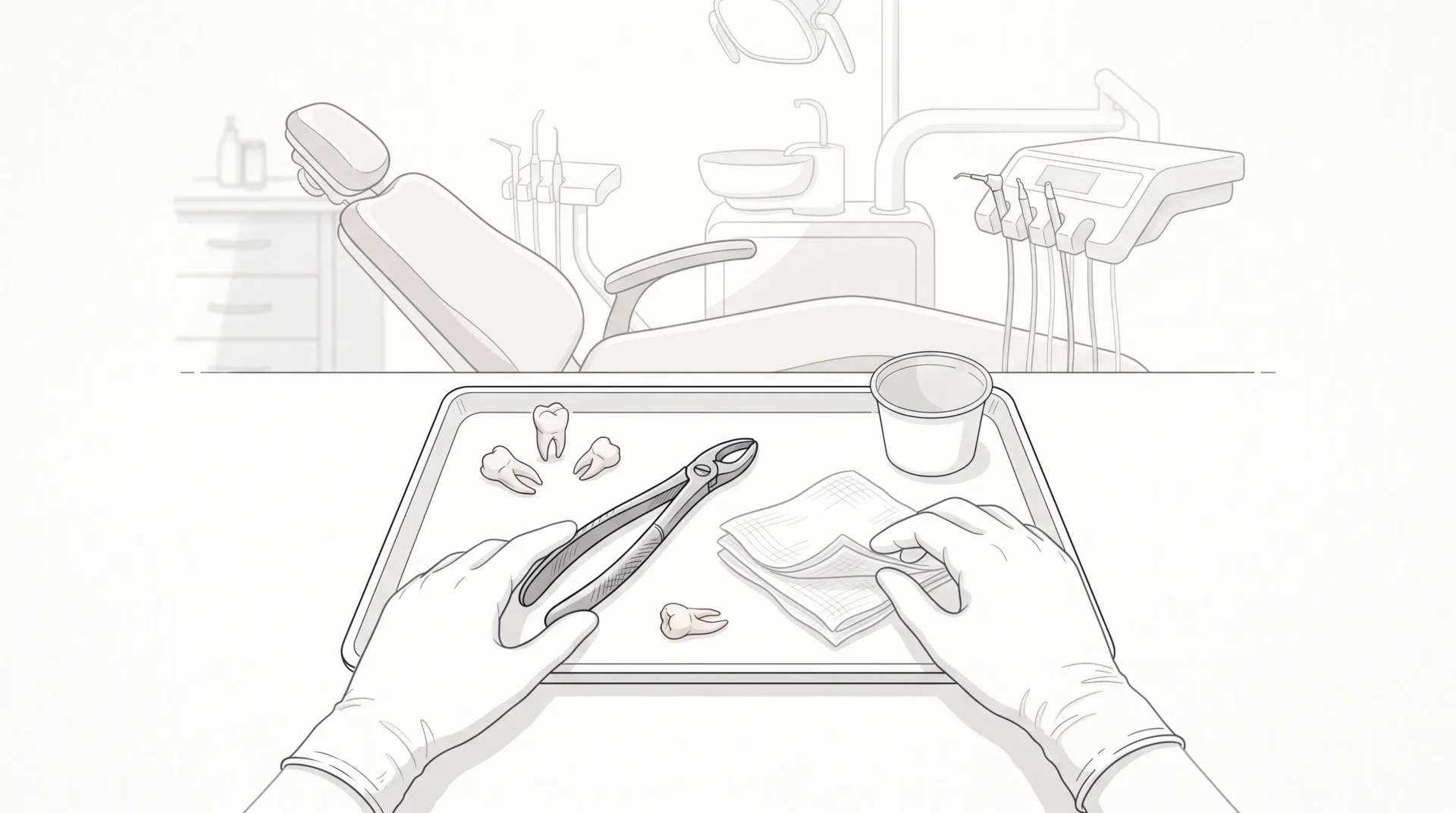 An extraction tray with forceps and gauze ready beside a dental chair.