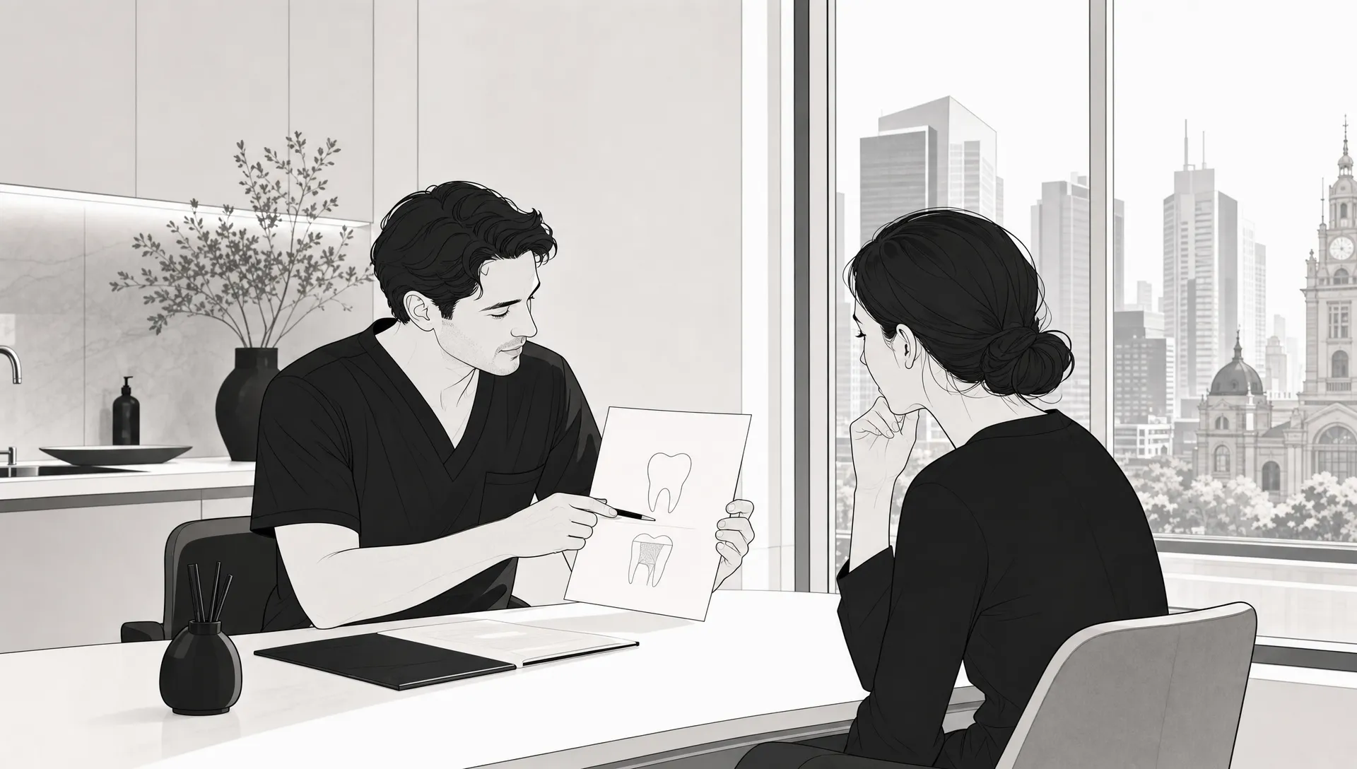 Premium editorial vector illustration of a calm dental clinic consultation in Melbourne CBD, showing a dentist and adult patient reviewing a simple tooth shape and treatment plan, with fine black linework, white porcelain forms, pale grey panels and generous white space, without text or logos.
