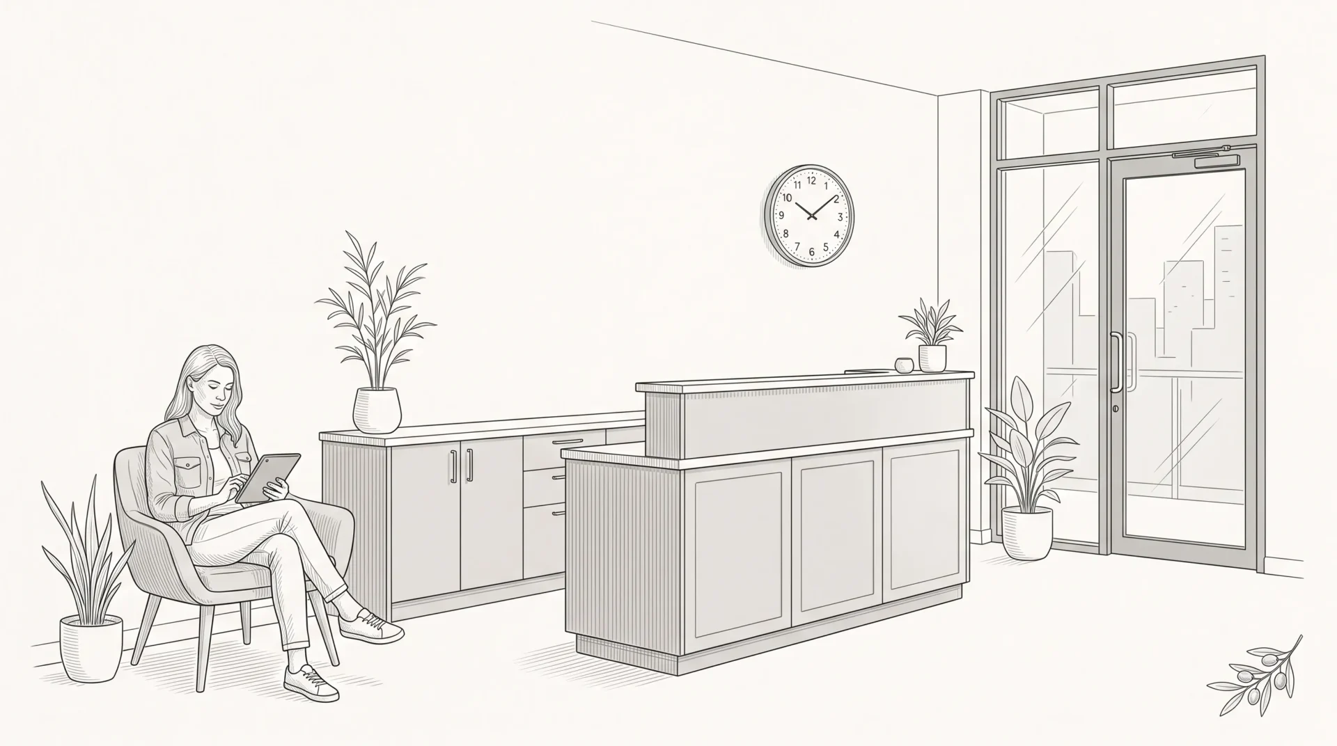 The reception area of a Melbourne CBD dental clinic with a seated patient and a tidy front desk ready for comfortable dental care.