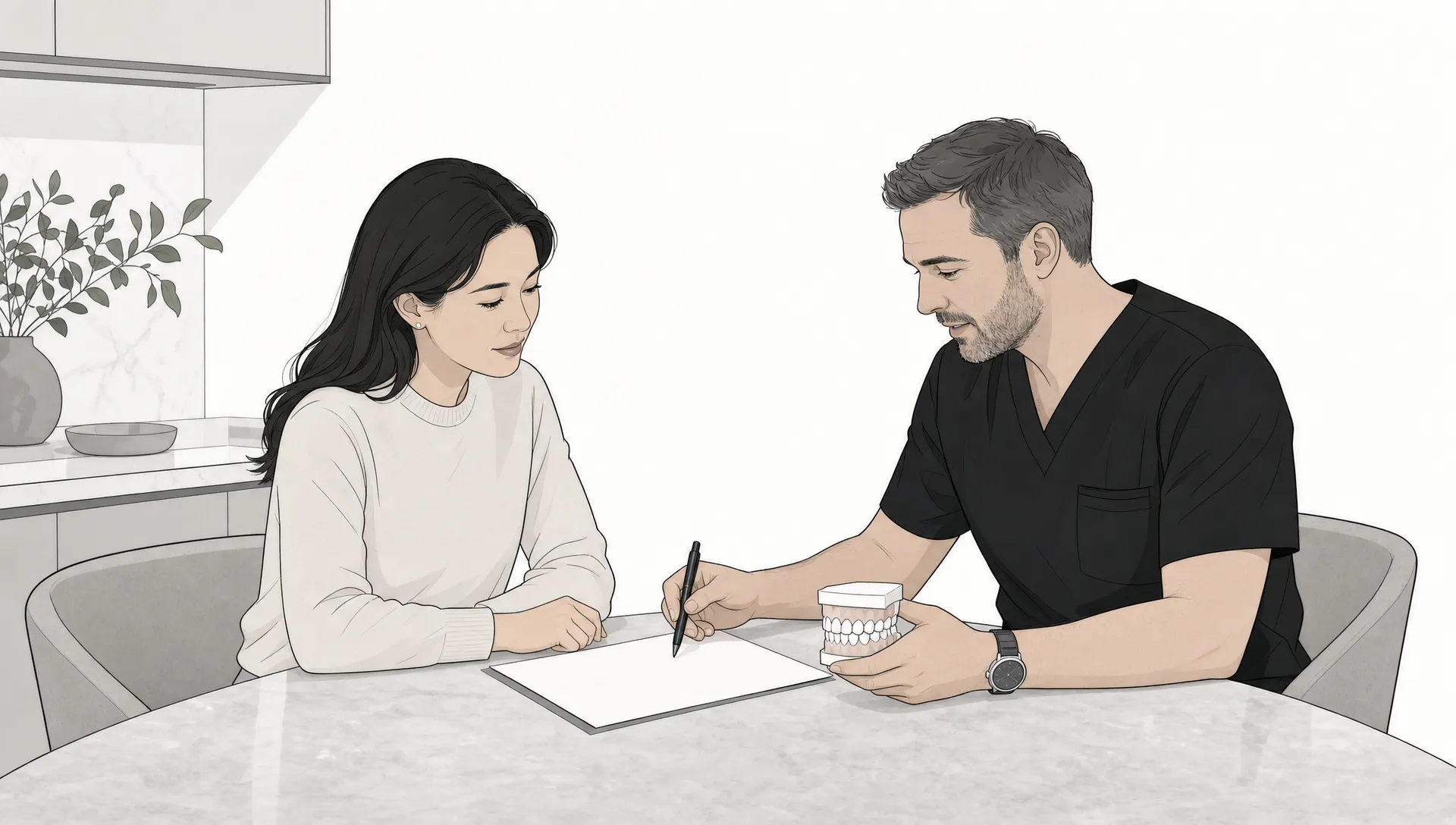 Two adults in a Melbourne CBD dental practice review a treatment plan and a dental model during a calm consultation.